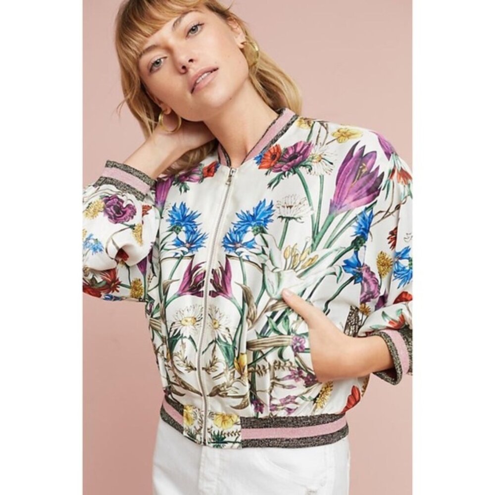 Anthropologie Elevenses Rubie Floral Bomber Jacket Size XS